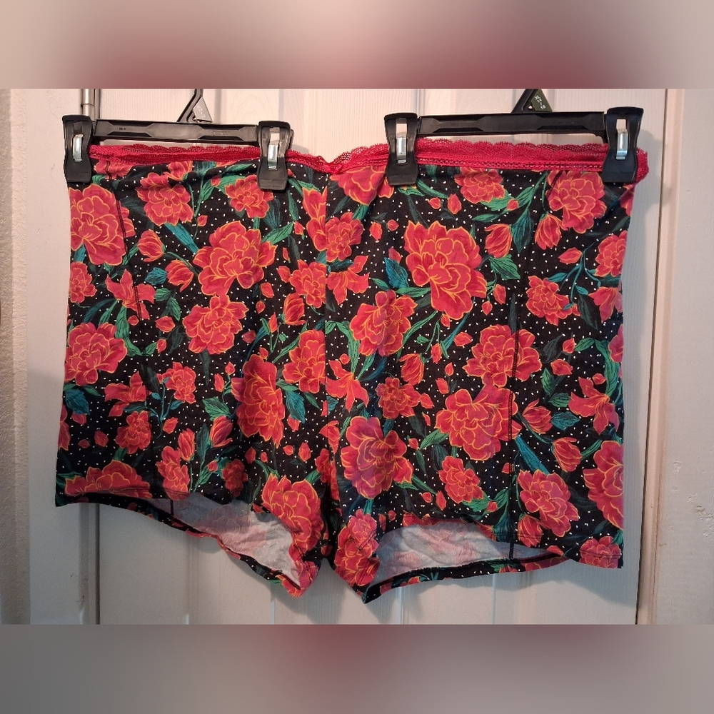 torrid Black Boxer Shorts with Red Floral Print and Red Lace Trim